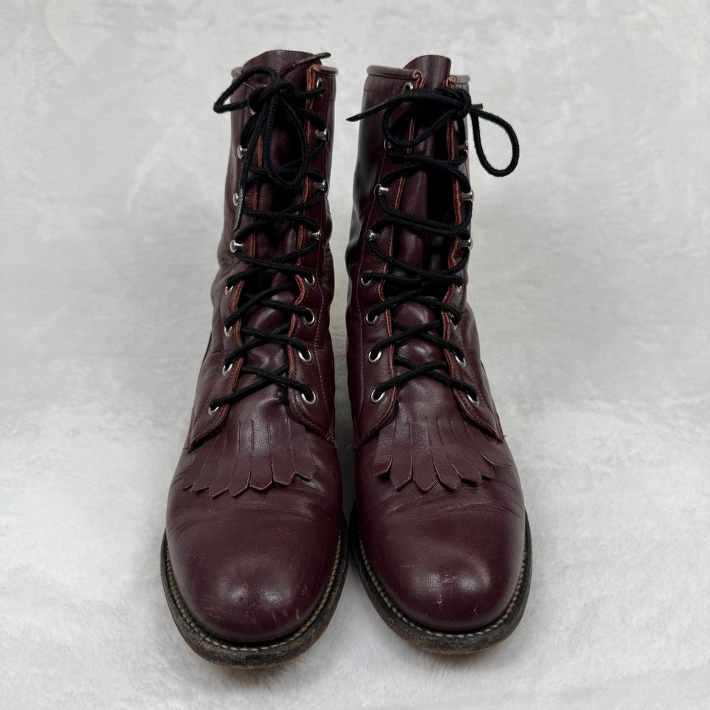 Justin L510 Burgundy Leather Lace Up Roper Boots Kiltie Fringe USA Made 7B - Picture 3 of 14